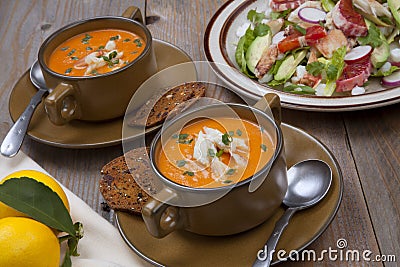 Crab Bisque and Blood Orange Crab Posole Salad Stock Photo