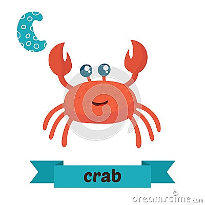 Crab. C letter. Cute children animal alphabet in vector. Funny c Vector Illustration