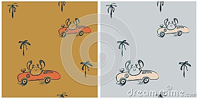 Crab car race funny cool summer t-shirt seamless pattern. Road trip vacation print design. Beach sports Vector Illustration