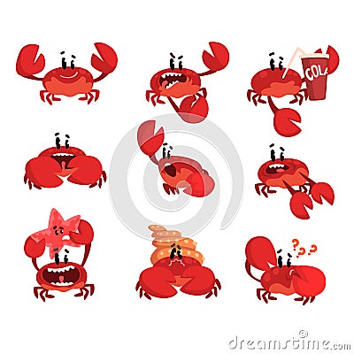 Crab character with different emotions, cute sea creature with funny face vector Illustration on a white background Vector Illustration