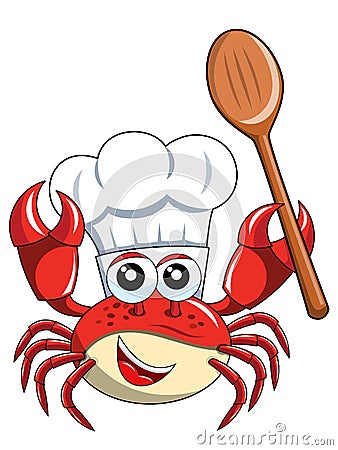 Crab chef mascot empty wooden spoon isolated Vector Illustration