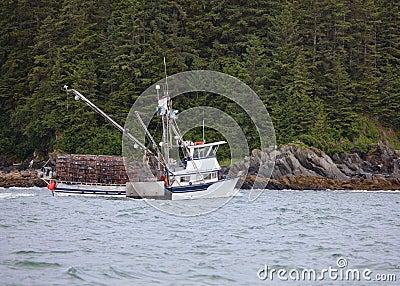 Crab fishing boats with pots in Southeast Alaska Stock Photo