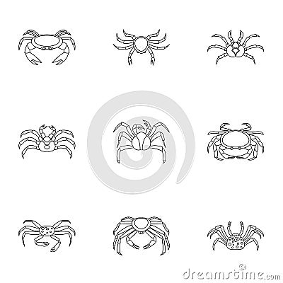 Crab icons set, outline style Vector Illustration