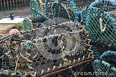 Crab creels in the fishing harbour of Kirkwall, capital of Orkney Scotland Stock Photo