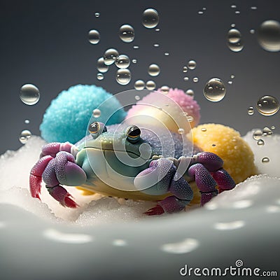 a crab with a lot of bubbles on it's back sitting on a pile of foamy bubbles with a blue crab in the middle Stock Photo