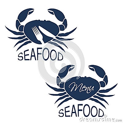 Crab silhouette with symbol of menu and symbol of knife, fork. Seafood symbols on white background for produkt design or menu res Vector Illustration