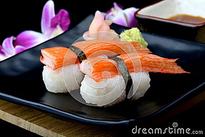 Crab stick sushi or Japanese kani sushi . Stock Photo