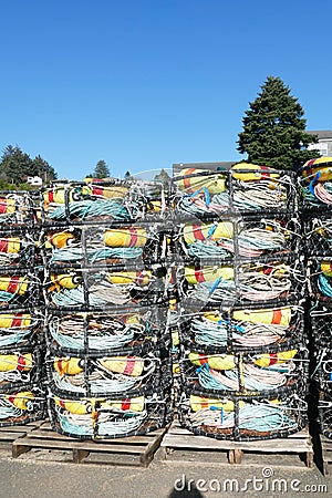 Crab traps and floats in the Yaquina marina Stock Photo