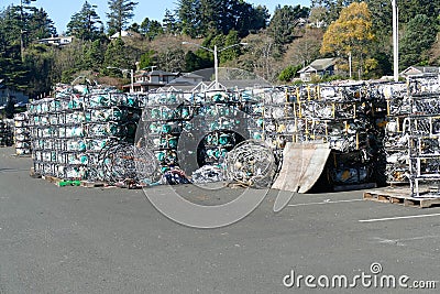 Crab traps and floats in the Yaquina marina Stock Photo