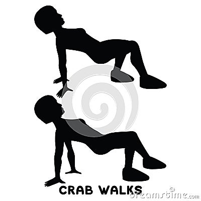 Crab walks. Sport exersice. Silhouettes of woman doing exercise. Workout, training Cartoon Illustration