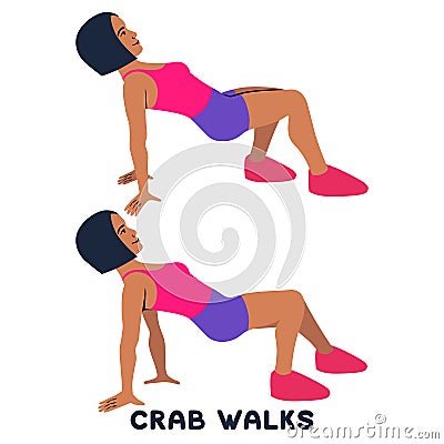Crab walks. Squat. Sport exersice. Silhouettes of woman doing exercise. Workout, training Cartoon Illustration