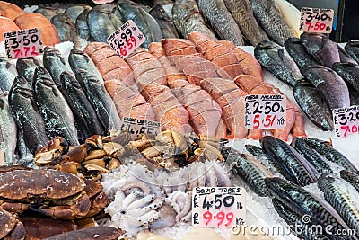 Crabs, fish and seafood for sale Stock Photo