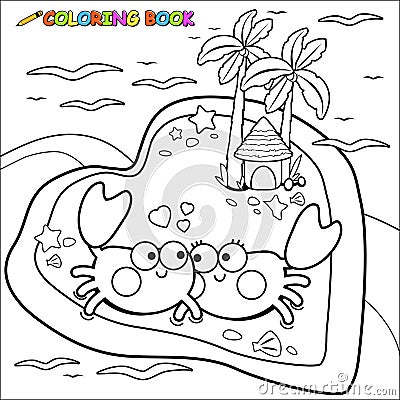 Crabs walking on the beach. Vector black and white coloring page. Vector Illustration