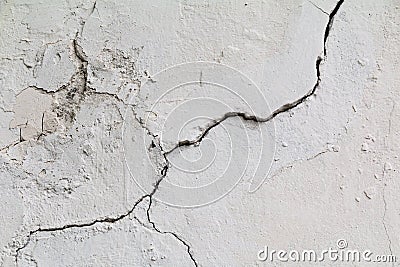 Crack. Texture of old painted white plaster. Cracked wall. Stock Photo