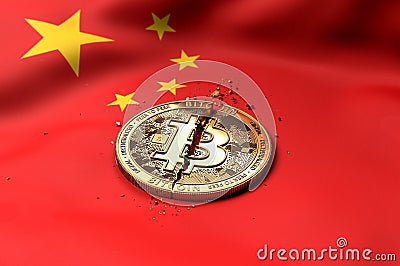 Cracked Bitcoin coin on Chinese flag. Bad Bitcoin condition in China Kong concept. 3D Rendering Stock Photo