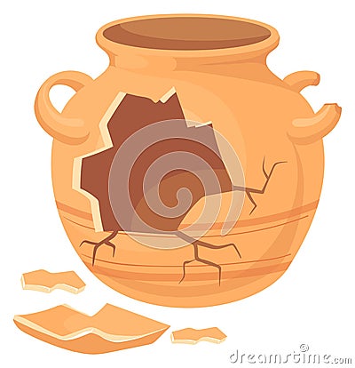 Cracked ceramic pot. Old ancient clay artefact Vector Illustration