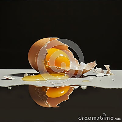 Cracked chicken egg on dark moist background. Stock Photo