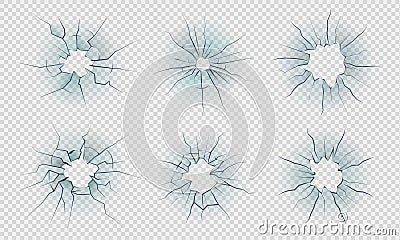 Cracked glass. Smashed ice effect, realistic texture of broken mirror, bullet holes in transparent glass. Vector break Vector Illustration