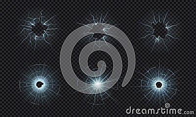 Cracked glass. Texture of broken window, smashed screen effect, bullet holes in crushed transparent glass. Vector Vector Illustration