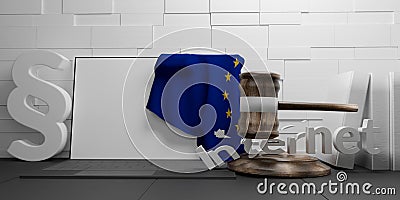 Cracked internet with judgment gavel paragraph and computer screen and flag of Europe 3d-illustration Cartoon Illustration