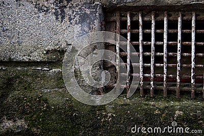 Cracked Mossy Wall With Rusty Lattices Stock Photo