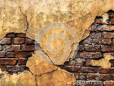 Cracked Old Vintage Brown Concrete Wall with Brick Background Texture, High Contrast Stock Photo