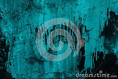 Cracked painted wall black in abstract style on turquoise paint background. Rough textured rock. Abstract architecture. Space grun Stock Photo