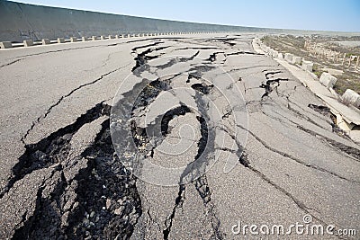 Cracked road after earthquake Stock Photo