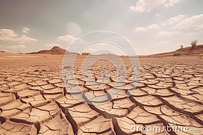 Cracked sand in the desert, drying up of territories, global warming. generative ai Stock Photo