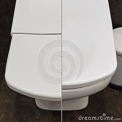 Cracked white toilet lid before and after repair. A broken and whole closing lid in the home toilet Stock Photo