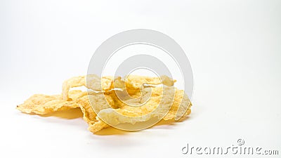 Cracker chips made from melinjo or belinjo seeds, Indonesian specialty Gnetum gnemon, selected focus, on white background Stock Photo