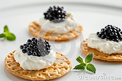 crackers with cream cheese and black caviar, white backgroud. Generative AI. Stock Photo