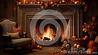 crackling autumn fireplace Cartoon Illustration