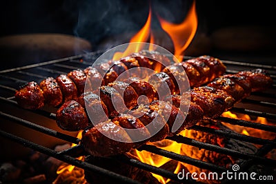 Crackling Sausage bbq fire. Generate ai Stock Photo