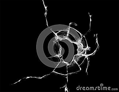 cracks on black glass background, broken abstract glass hole destruction concept Stock Photo