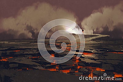 Cracks in the ground with magma Cartoon Illustration