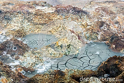 Cracks on muddy ground in geothermal area in icelandic nature. Stock Photo