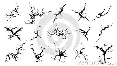 Cracks silhouettes. Hand drawn cracked screen glass, damaged surface and egg surface black crack vector set Vector Illustration