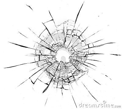 Bullet hole in the glass. Isolated on a white background. Stock Photo