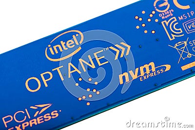 Intel Optane memory stick macro, extreme closeup, isolated. 3D XPoint fast non-volatile memory technology, ssd, NVRAM Editorial Stock Photo