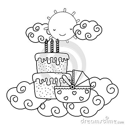 Cradle with birthday cake in black and white Vector Illustration