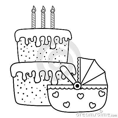 Cradle with birthday cake in black and white Vector Illustration