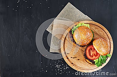 Craft beef burgers. Top view. Stock Photo