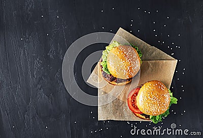 Craft beef burgers. Top view. Stock Photo