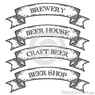 Craft beer brewery shop market emblem ribbon. Monochrome medieval set vintage Vector Illustration