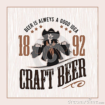 Craft beer and girl logo- vector illustration, emblem brewery design Vector Illustration