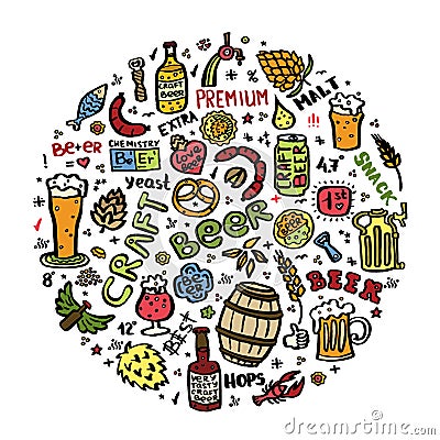 Craft beer hand drawn elements set in circle Vector Illustration