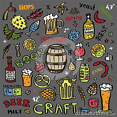 Craft beer hand drawn elements set. Vector Illustration