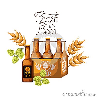 Craft beer label with box and beer bottles Vector Illustration