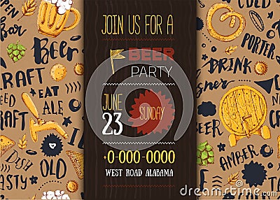 Craft beer menu with sketch mug, pretzel, wheat on pattern background with lettering. Modern poster Vector Illustration